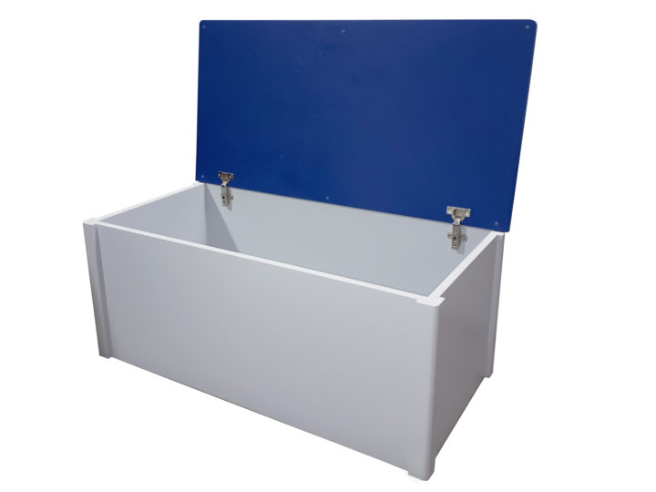 Dunbar Blanket Box - shown with dove grey and bold blue selection of painted finifhes and stain options, made in BC