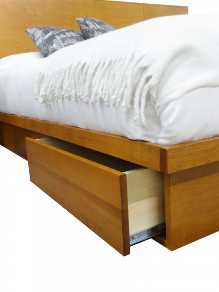 LA Storage bed close up with open drawers - custom made locally built solid wood furniture