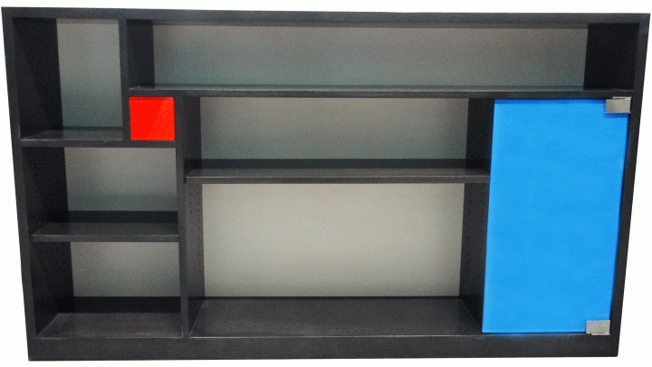 Scottsdale Bookcase - this solid wood locally built, in-house design, uses coloured glass to enhance its lines