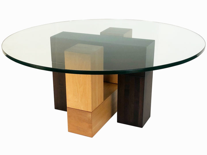 Tangent coffee table with round glass top, locally built, in-house design, solid wood, custom made to order furniture, Canadian made