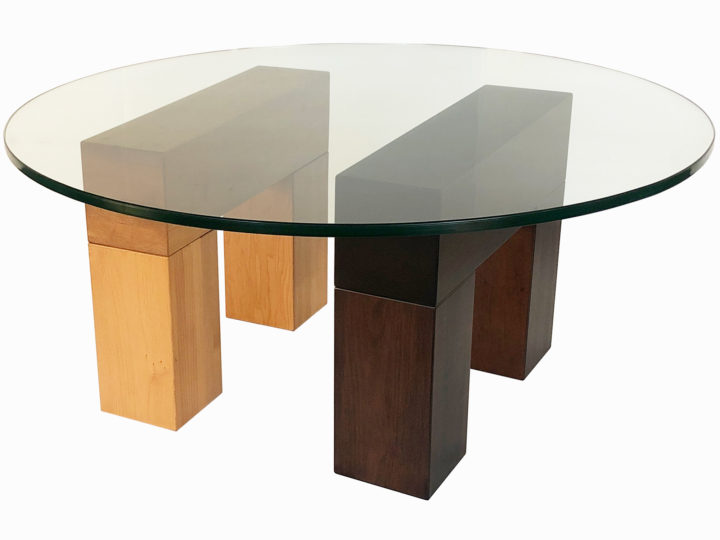 Tangent coffee table with round glass top, locally built, in-house design, solid wood, custom made to order furniture, Canadian made