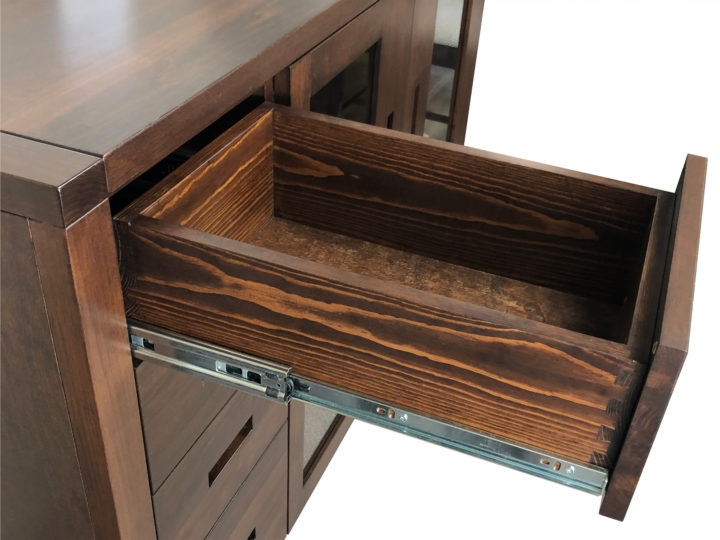 Tangent drawers are made of solid wood and use only dovetail joints. We only use full extension glides, soft close or push-in/pop-out options are also available.