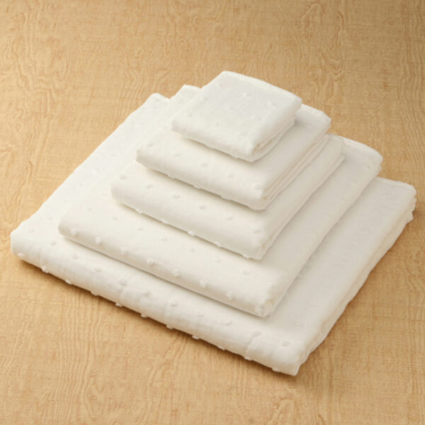 Zero Twist Gauze Dot Towel is made with long terry loops of zero twist yarn creating minimal lint and excellent moisture absorbency, made in Japan.