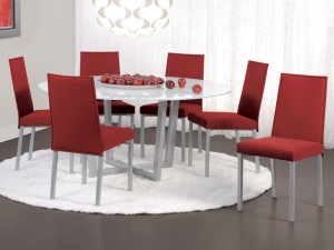 Arca 54" round dining table by Trica - welded steel base and white starphire tempered glass top, available with solid wood top