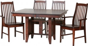 Poco Mission Trestle base solid wood dining table by Woodworks, locally built, Canadian made
