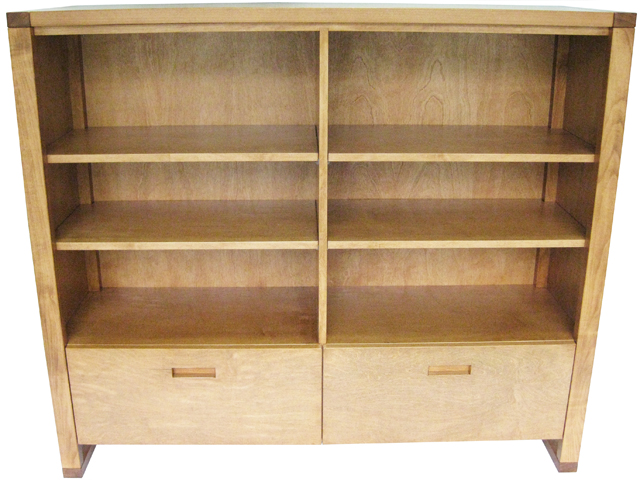 low solid wood bookcase with drawers, solid wood locally built, custom in-house design, Canadian made